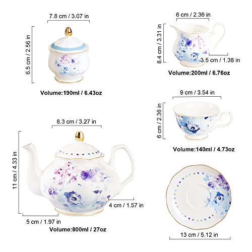Fanquare Floral Porcelain Tea Set, Elegant Blue Coffee Set, Modern Tea Service For 6, Tea Party Set For Birthday, Wedding #TOP5