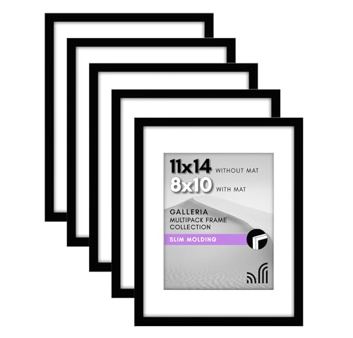 Image of Americanflat 11x14 Picture Frame with Polished Plexiglass - Set of 5 - Use as 8x10 Frame with Mat or Display 11x14 Photo Without Mat - Galleria Collection - Picture Frames for Wall Display - Black