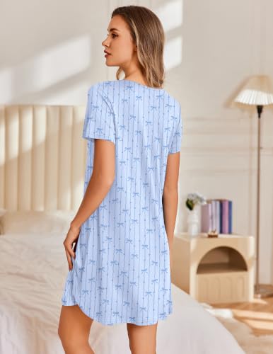 Image of Ekouaer Nightgowns for Women Pleated Sleep Shirts Short Sleeve Night Shirts
