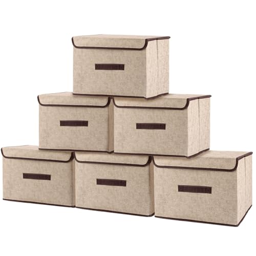 YAYODS Lot de 6 Boîte de Rangement avec Couvercle - 36x23x24cm - Bac de Rangement Pliable en Tissu Beige - Organisateur d'Armoire Empilable avec Poignée pour...