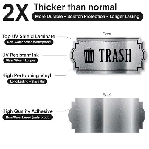 Image of Recycle and Trash Stickers for Trash Cans - Metallic Vinyl Recycling Bin Labels - 2 Pack - 4.75 inch by 2.25 inch Decals Logo - Waste Signs for Home Kitchen or Office Bins Indoor /Outdoor Use