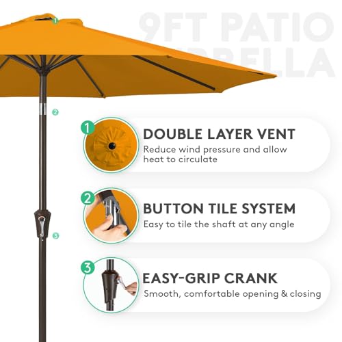 Image of JEAREY 9FT Outdoor Patio Umbrella Outdoor Table Umbrellas with Push Button Tilt and Crank, Market Umbrella 8 Sturdy Ribs UV Protection Waterproof for Garden, Deck, Backyard, Pool (Sun Orange)