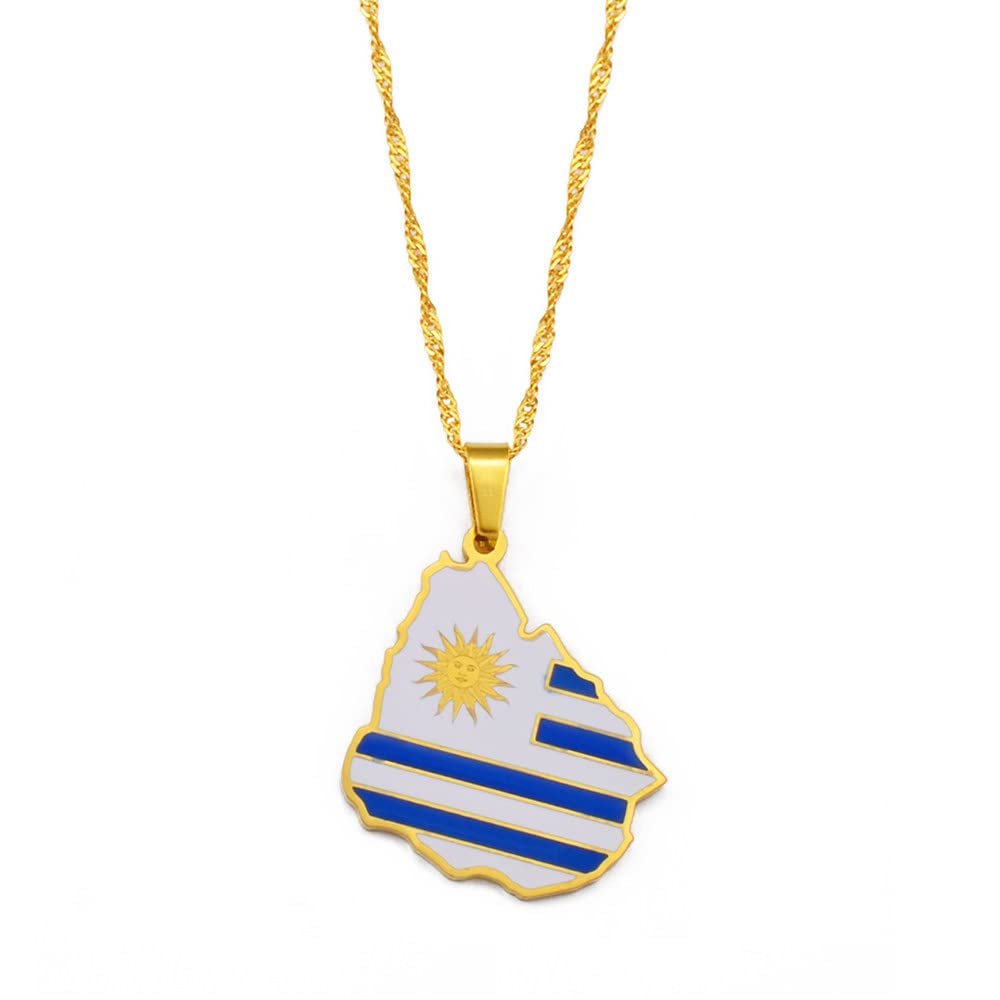 ZWINNER Map Flag of Uruguay Pendant Necklaces- Gold Color Stainless Steel Country Map Pendant Necklace with Chain,Jewelry Gift for Women Men,45Cm