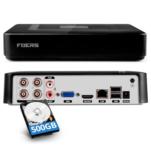 Fuers 1080p 4CH CCTV DVR Recorder with 500G Hard Drive,Human Detection 4 Channel H.265+ Hybrid 6-in-1 Home Surveillance Wired DVR for HD-CVBS TVI CVI XVI AHD IP Analog Security Camera, Remote Access