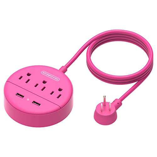 One-Day Sale: Up to 40% Off Pink Extension Cord 10 ft, NTONPOWER Long Cord Power Strip Flat Plug, 3 Outlets 2 USB Desktop Charging Station Wall Mount, Compact for Home, Dorm Room, Office and Cruise Ship Nightstand