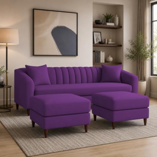 Image of Doraldo 3 Seater Sofa Set with 2 Ottoman for Living Room (Purple) Premium Fabric Sofa