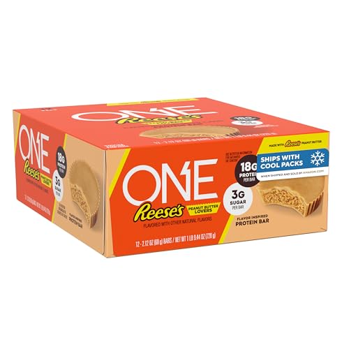 ONE Protein Bars, Reese's Peanut Butter Lovers, Gluten Free with 18g Protein and 3g Sugar, Pantry Staples, 2.12 oz (12 Count)