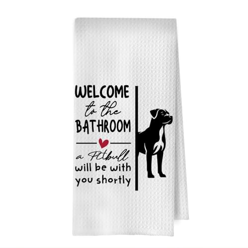 ERYBHKRTYH Funny Pitbull Hand Towels - Welcome to The Bathroom a Dog Will Be with, Pitbull Gifts Waffle Decorative Hand Towels for Bathroom Washroom Restroom Toilet, 16 x 24 Inches