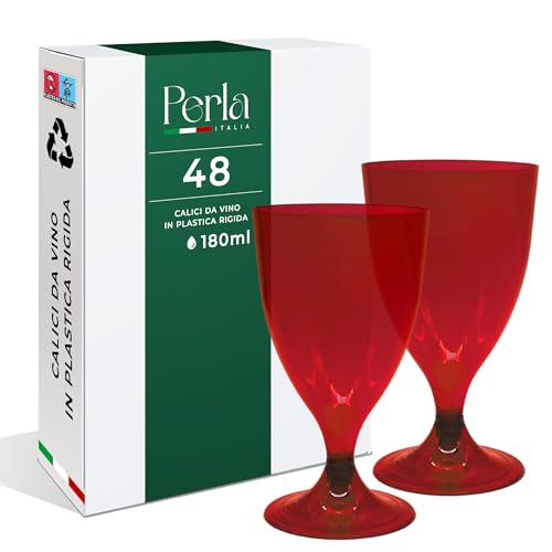 Perla - 48 Calici da Vino in Plastica Rigida Rosso 180ml - Bicchieri Resistenti e Riutilizzabili - Bicchiere Calice Vino per Compleanni Matrimoni e Feste