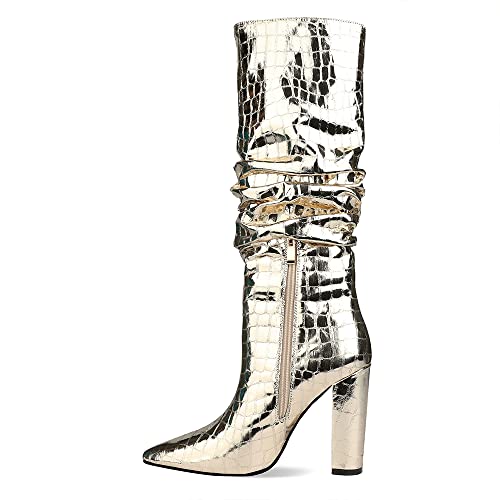 UP2STEP Women Patent Slouchy Block Heel Boots Shiny Sequins Knee High Chunky Heel Boot Mid Calf Dress Shoes2