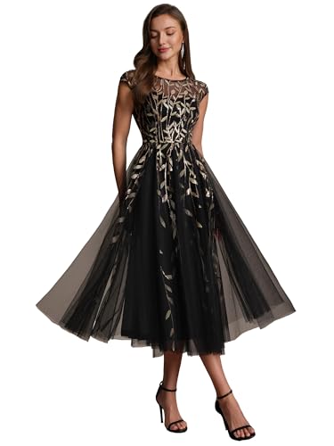 Ever-Pretty Robes d'Invité de Mariage Midi Col Ronde Manches Courtes Paillette Tulle Or Noir 40