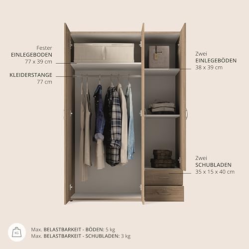 Stella Trading BASE Zeitloser Kleiderschrank in drei verschiedenen Größen - Vielseitiger Drehtürenschrank in Eiche Sonoma Optik - 120 x 177 x 52 cm (B/H/T)