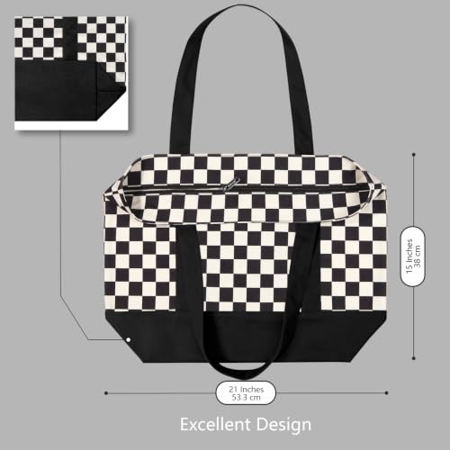 Image of TOPDesign 1-Pack Canvas Tote Bag with an External Pocket, Reusable Grocery Shopping Bag, Top Zipper Closure, Daily Essentials (Checkerboard /Black)