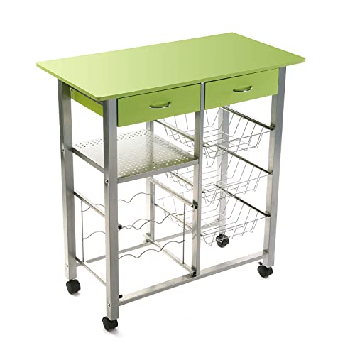 Versa Leicester Carro de Cocina con Ruedas, cajones y botellero, Verdulero con despensa y organizadores, Almacenaje de Cocina, Medidas (Al x L x An) 82 x 40 x 76 cm, Madera y Metal, Color Verde