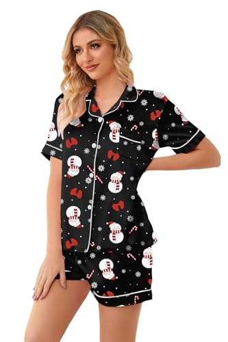 Image of Schbbbta Pajamas for Women, Satin Silk PJS Set 2 Piece Button Down Short Sleeves Sleepwear Soft Comfy Sexy Homewear Outfit, R Christmas Snowman Black, Medium