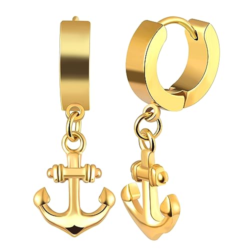 INFINIONLY Boucles d'oreilles Pendantes d'Ancre en Acier Inoxydable pour Homme Femme Créoles Boucles d'oreilles Ancre Fantaisie Bagues d'Oreilles Mode, Or
