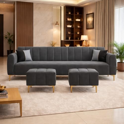 Image of Habibi 5 Seater L Shape Sofa Set with 2 Movable Ottomans | Flexible Layout | Rich Velvet Suede Fabric | Silver Legs | Modern Sofa for Living Room (Dark Grey)