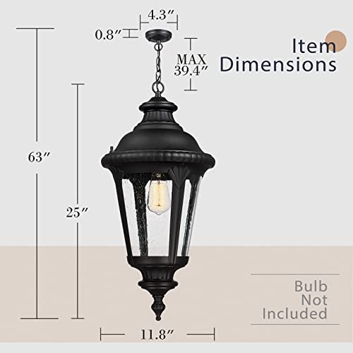 Image of Emliviar Vintage Farmhouse Outdoor Hanging Light Lantern, 25 Inch Large Exterior Pendant Light Ceiling Mount with Seeded Glass, Black Finish, XE265H BK