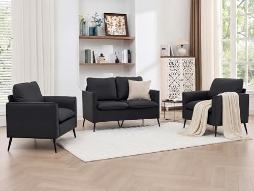 Image of TYBOATLE Faux Leather Loveseat Sofa and Accent Chair Set of 2 (Black, 3) | TYBOATLE, Comfy, Mid-Century Modern, Small Spaces, 3 Pieces Living Room Furniture Sets
