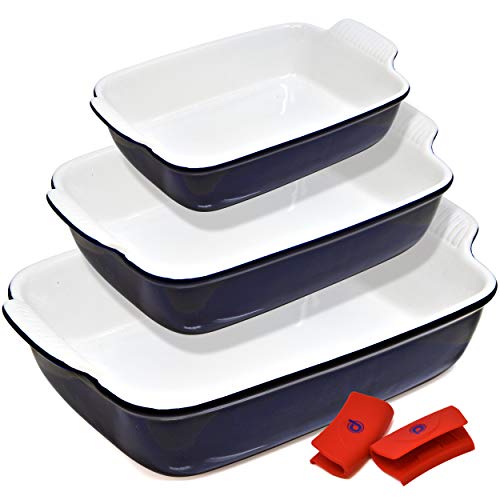 PERLLI Ceramic Baking Dish Pan Set, 3 Piece Nonstick Rectangular Bakeware Dishes Set, Classic Blue Lasagna Cookware Pans Casserole Dish, with Silicone Pot Handle Grips