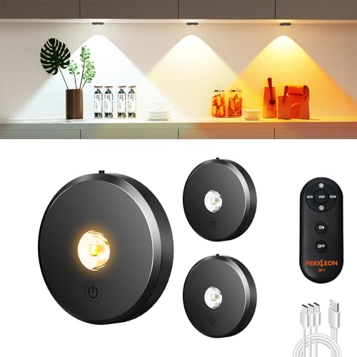 MEKKLEON Puck lumières avec télécommande Rechargeable, sans fil sous l’éclairage d’armoire,2000mAh à piles Tap Push Touch lumières (couleur bois, 3...