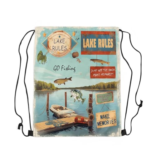 jejeloiu Lake Drawstring Backpack 13"x15.7" Lakeside Pike Fish Boat Gym String Bag Fishing Sports Sackpack Natural Scenery Waterproof Cinch Bag3