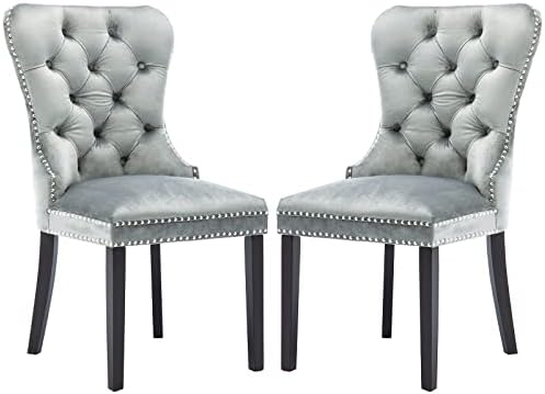 Chairus Dining Chairs Set of 2 with Tufted High Back, Velvet Upholstered Dining Room Chairs Modern Elegant Nailhead Trim - Gray Cyan 2PCS