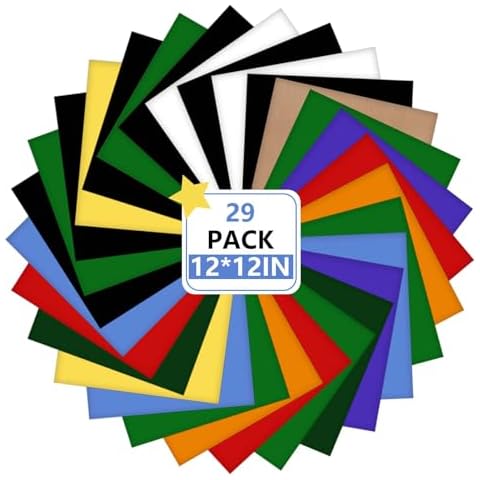 Heat Transfer Vinyl Bundle - 29 Pack Iron-on Vinyl for T-Shirts, 12 * 12in HTV Sheets - 9 Assorted Colors HTV Vinyl with 1 Teflon Sheet for Cricut & Silhouette Cameo Cover