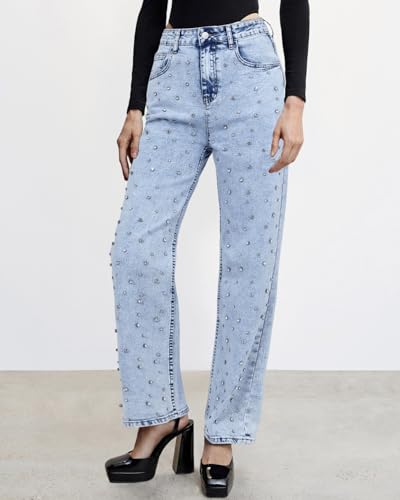 Kedera Women's Wide Leg Jeans Rhinestone Bling Jeans High Waisted Denim Pants3