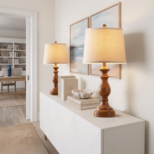 Image of PARTPHONER Traditional Table Lamp Set of 2, Rustic Farmhouse Table Lamps for Living Room Bedroom, 27 inch Bedside Desk Lamps Vintage Nightstand Lamps with Linen Shades, Wood Grain