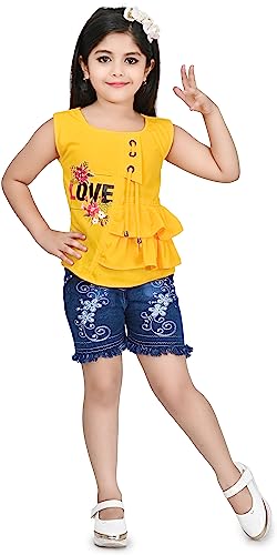 Image of Zenat Girls Polycotton Regular Fit Printed Round Neck Half Sleeve Casual Wear Top & Pant Set (Yellow 6-7 Years) SD20-Y-6 /7