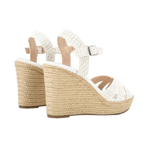 Image of Women's Wedge Platform Sandals - Stylish Raffia Woven Espadrilles Summer Sandals Women's Open Toe Buckle Ankle Wedge Heels