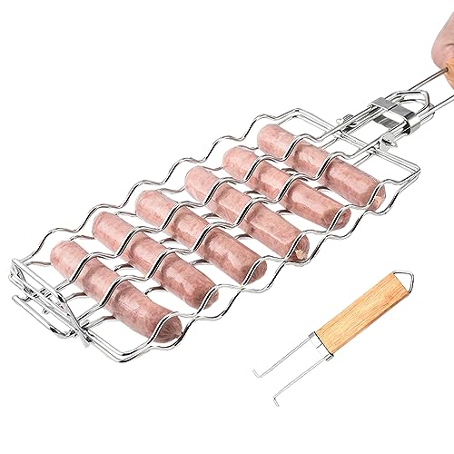 Wurstgrillkorb Edelstahl BBQ 6 Hot Dog Grillrost mit abnehmbarem Holzgriff Tragbares Grillzubehör