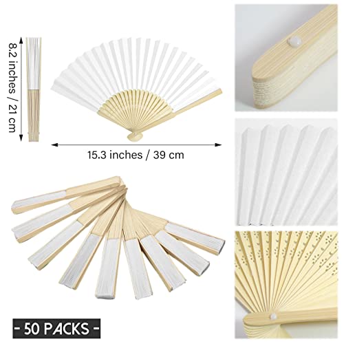 50 Packs White Paper Fans Paper Hand Fan Bamboo Folding Fan Handheld Fan Paper Folded Fan Paper Fan for Wedding Party and Home Decoration