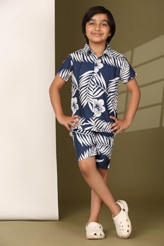 Image of Boys Casual Hawaiian Shirts and Short Sets Casual Printed Kids Co-ords Set (KSS1 Navy White 12 14Y)