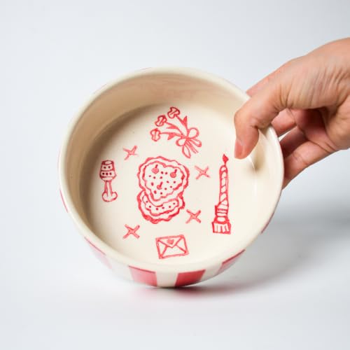 Image of Small Bowl - Sweet Surprise | Dishwasher Microwave Safe | Adorable Ceramic Bowl | Cute Valentine Heart Printed Patterned Dessert /Breakfast /Soup /Ice Cream Small Bowl (Multicolour 3)