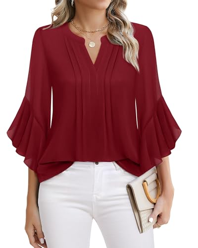 Timeson Summer Blouses for Women 2026: Business Work Outfits — Womens 3/4 Sleeve Tops — Spring Shirts Dressy Casual Fall Formal Chiffon Ladies Tops Professional Office Attire Fancy Flowy Pretty Red S
