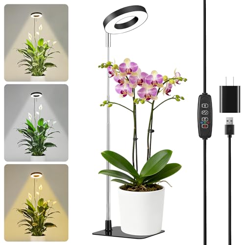 Small Halo Grow Light with Base 48 LED Full Spectrum Indoor Plant Grow Light Height Adjustable 3 Spectral Modes 10 Brightness Levels Automatic Timer 3/9/12 Hours Black