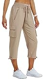 MoFiz Womens Capris with Pockets Loose Fit Casual Capri Pants Lightweight Ladies Cargo Pants for Hiking Khaki M