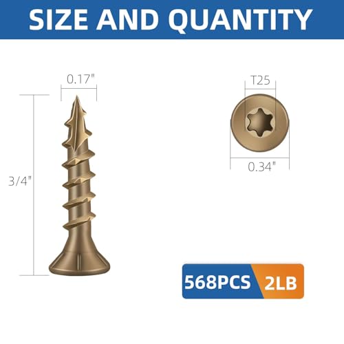 Image of #8 x 3 /4 inch Heavy-Duty Deck Screws - Bronze Outdoor Wood Screws, Torx Drive with T25 Bit, Rust Resistant for Wood Decking and Fence (2lb,568Pcs)