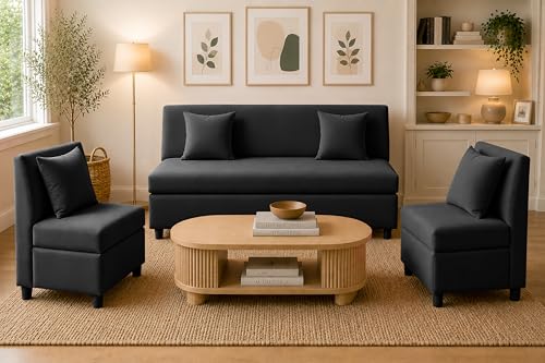 Image of 3+1+1 Modern Velvet Fabric Sofa Set for Living Room | Three Seater Sofa with 2 Single Seater Chairs | for Home, Office| Black