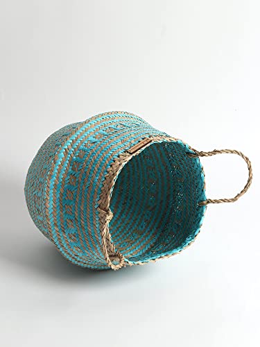 Image of Habere India-All The Cultures Fabricating India Wicker Basket For Plants | Seagrass Baskets Home Decor | Bamboo Storage Organiser | Bamboo Planter Baskets Cylindrical (L) - Blue (Dia 35 x H35 cm)