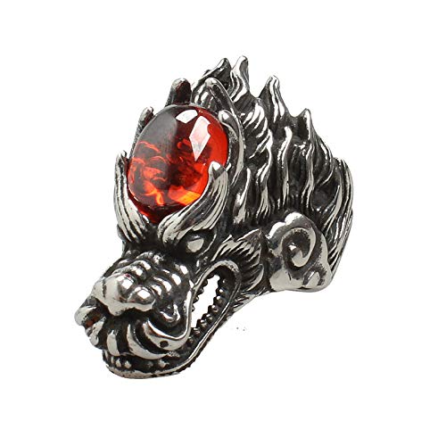 Aeici Bague Chevaliere en Acier Rubis Tête de Dragon Alliance Hommes Anneau Argent Noir Taille 66.5