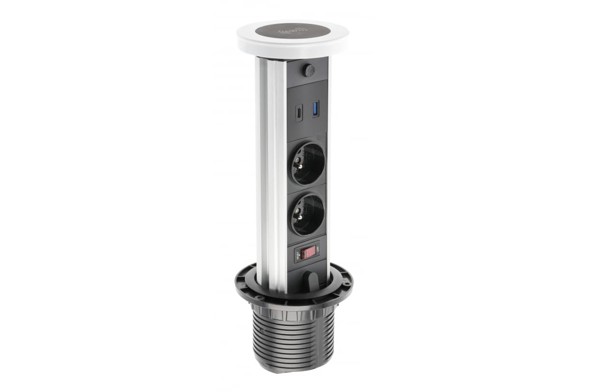 GTV Prise de table encastrable CAMINO 80 mm, 2 x français, USB-A+C, charge à induction 10 W, câble de 1,5 m, blanc - Solution parfaite pour les lieux de travail modernes