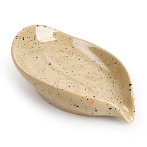 Soap Holder, Self Draining Soap Dish, Leaf Shape Bar Soap Holder Ceramic Drain Soap Dishes for Bathroom Sink Shower Kitchen, Easy to Clean Keeps Soap Dry, ANTIS'S HOME Lightcurry-1pcs-enhanc