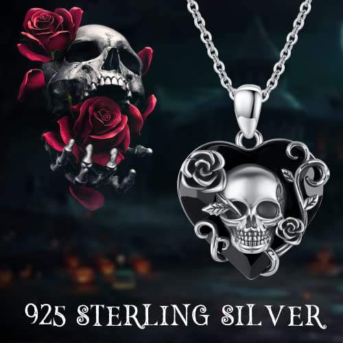 Skull Necklace 925 Sterling Silver Rose Skull Pendant with Austrian Black Heart Crystal Gothic Horror Jewelry Gift for Women Halloween Christmas Gifts2