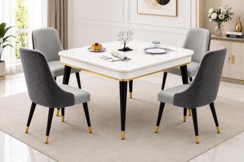 Image of WOODEN SPACE Majestic 4 Seater Wooden Dining Table Set | Urban Marble Top Dining Table with Chairs for Dining Room & Kitchen (Dark Grey Modern Vento) (42 x 42 x 30 inch)