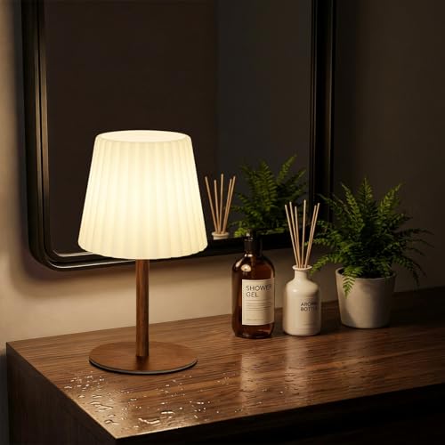 Fluted IP64 splash-proof Rechargeable Cordless Bedside Lamp with Remote & Timer, 4000mAh USB‑C Table Lamp, Stepless Dimmable Cool White + RGB Colour Changing Night Light, Portable Bedroom Lamp