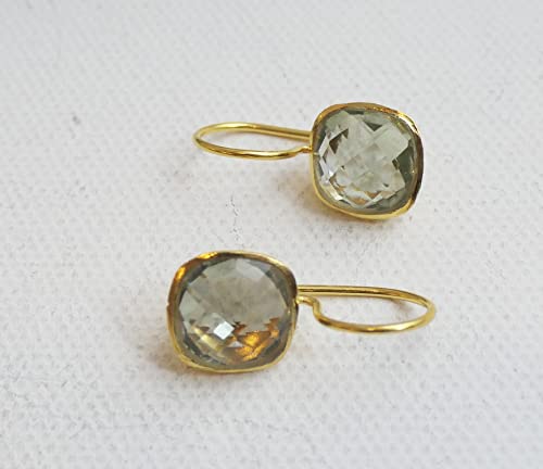 Cushion Cut Green Amethyst Gold Plated Sterling Silver Drop Earrings - Handmade Gemstone Jewelry Gift Ideas For Women (Prasiolite-Quartz) #TOP2