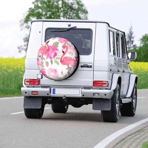 Image of Floral Flamingo Leaves Spare Tire Cover for RV Trailer Watercolor Tropical Beautiful Bird Wheel Protectors Weatherproof Polyester Tire Case for All Cars SUV Camper Travel 15 inch